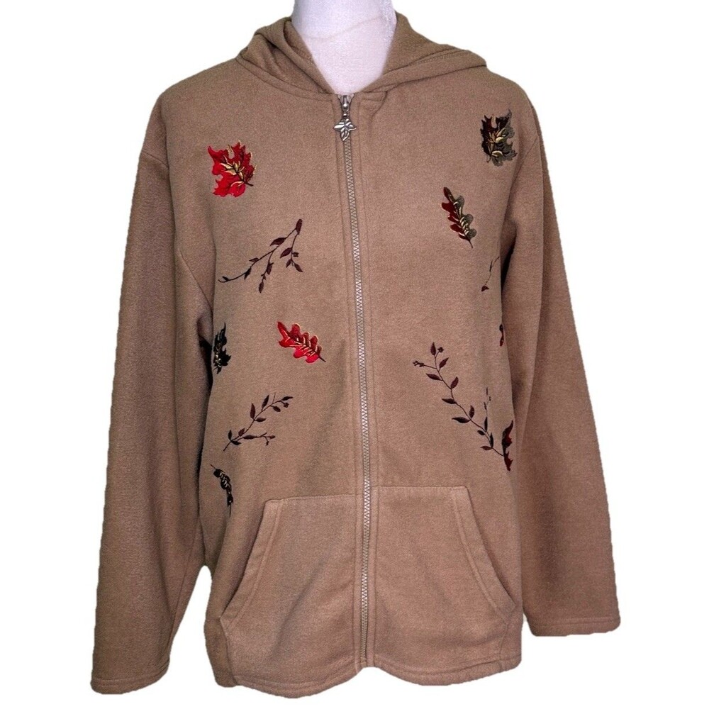 Women’s Cottagecore Autumn Fleece Jacket Embroidered‎ Leaves Naturecore Size Lg